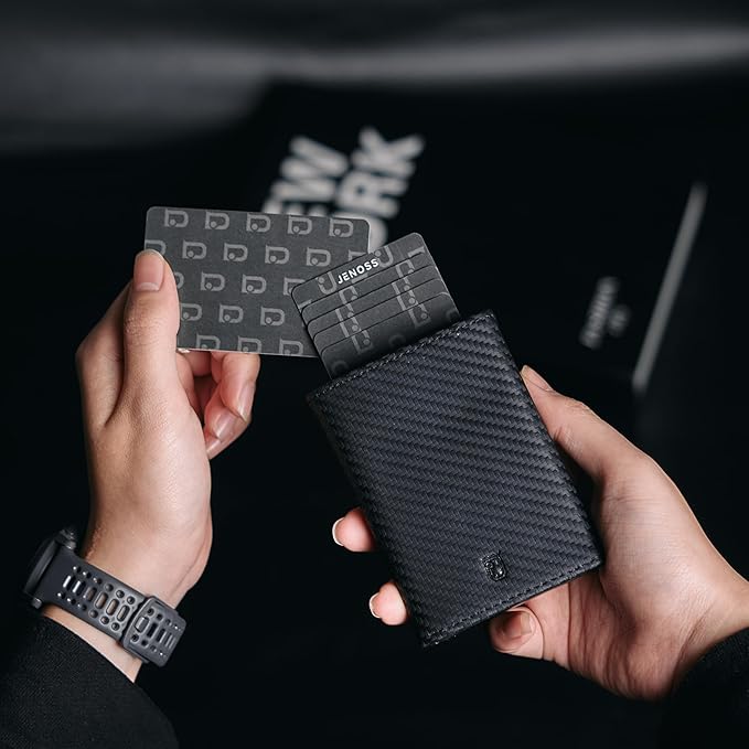 Jenoss Smart Wallet For Men: Full Grain Leather, Handcrafted, Slide Metal Pop Up Case, Slim RFID Blocking Credit Card Holder, Minimalist, Compact - 9-12 Card Organizers | ID | Money Clip (Carbon)