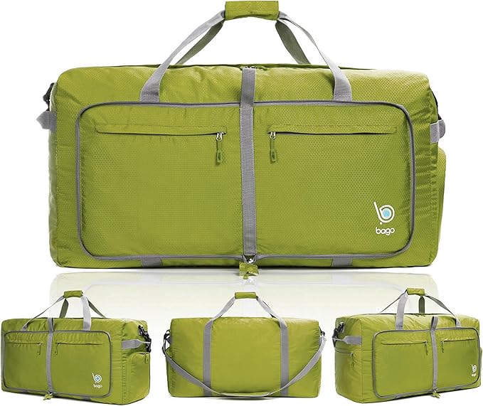 Bago Large Foldable Duffel Bags for Traveling Women & Men - 100L Packable Duffle Bag for Travel with Shoe Compartment - Water Repellant, Heavy Duty, Lightweight Folding & Collapsible (Green)