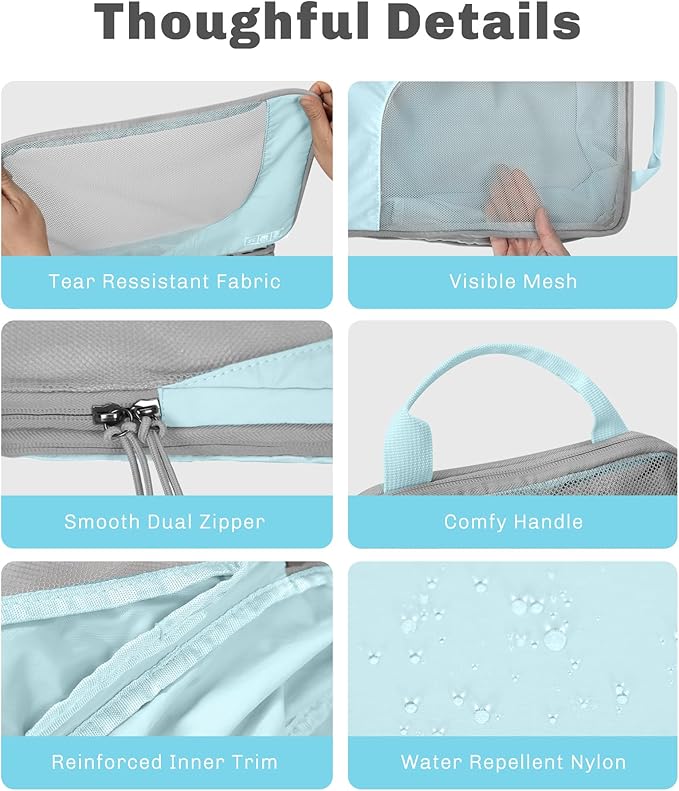 Hynes Eagle 6 Set/ 4 Set/ 2 Set Compression Packing Cubes Travel Essentials Lightweight Nylon Luggage Suitcase Organizer Bag Light Blue 6PCS
