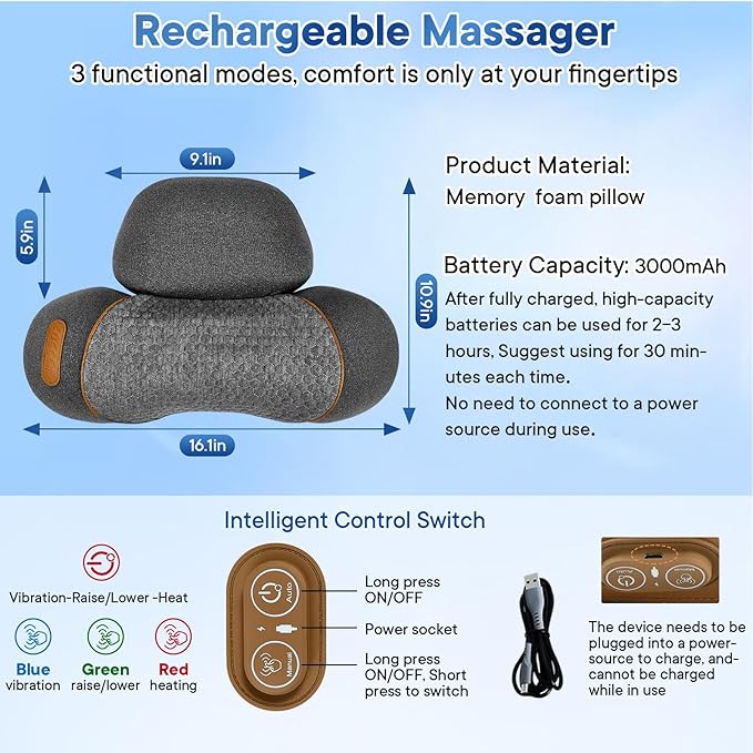 Neck Massager Pillow, 3-in-1 Neck Massager, Travel Massage Pillow for Shoulder Pain Relief, Deep Tissue Pain with Heat and Traction, Hump Corrector