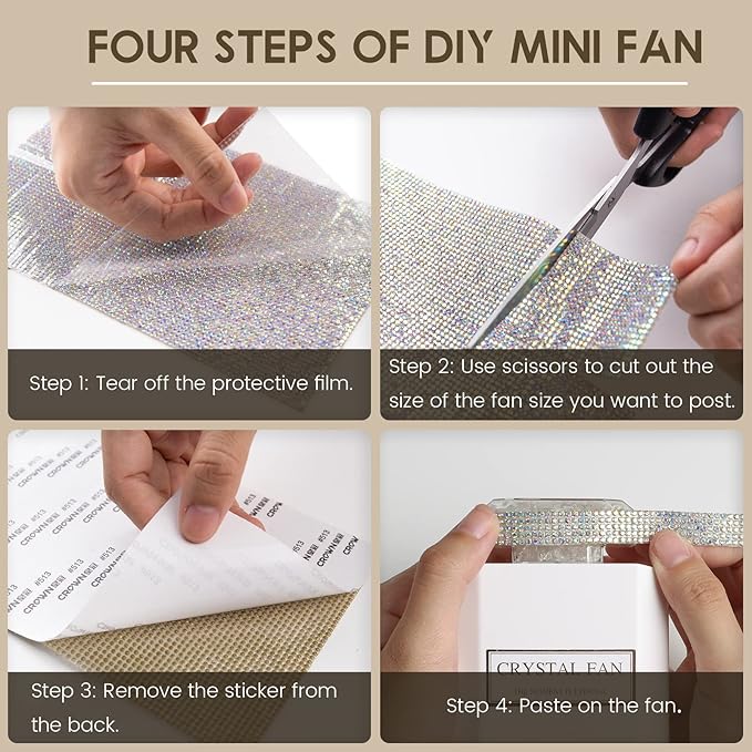 LIGHTDESIRE DIY Bling Crystal Rhinestones Handheld Mini Personal Cooling Fan, 3 Speeds Mode with Crystal Rhinestones Sticker Sheet (White Fan with DIY Diamonds)