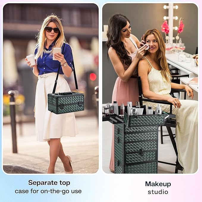 Makeup Train Case with Drawer, Rolling Makeup Case, Cosmetology Case on Wheels, Gift, Large Makeup Case Organizers, Professional for Salon Barber, Nail, Tattoo, Black Green