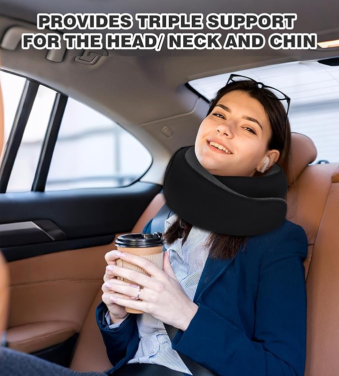 Travel Neck Pillow, Newly Upgraded Hooded Neck Pillow , 100% Pure Memory Foam Travel Pillow for Flight Headrest Sleep,Windproof and heat preservation,Suitable for use in Outdoor/ Plane/Car/Office