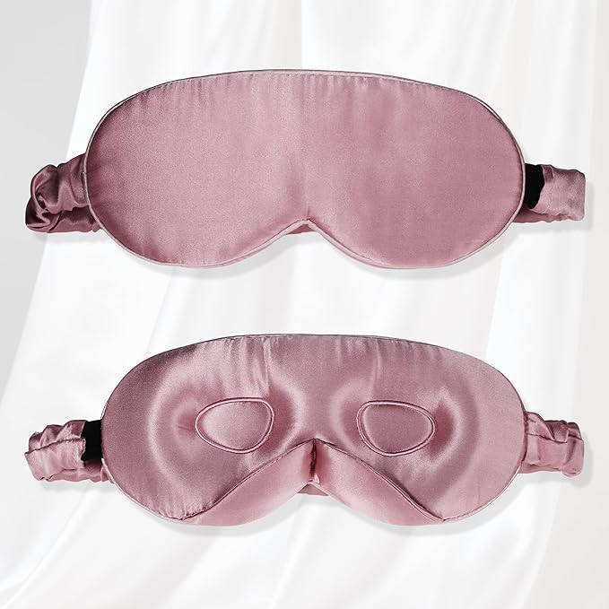 VOCOSTE 22 Momme Pure Silk Sleep Mask with Travel Pouch, 3D Contour Adjustable Blindfold for Side Sleepers, Eye Mask Locks Light for Sleeping, Bean Pink