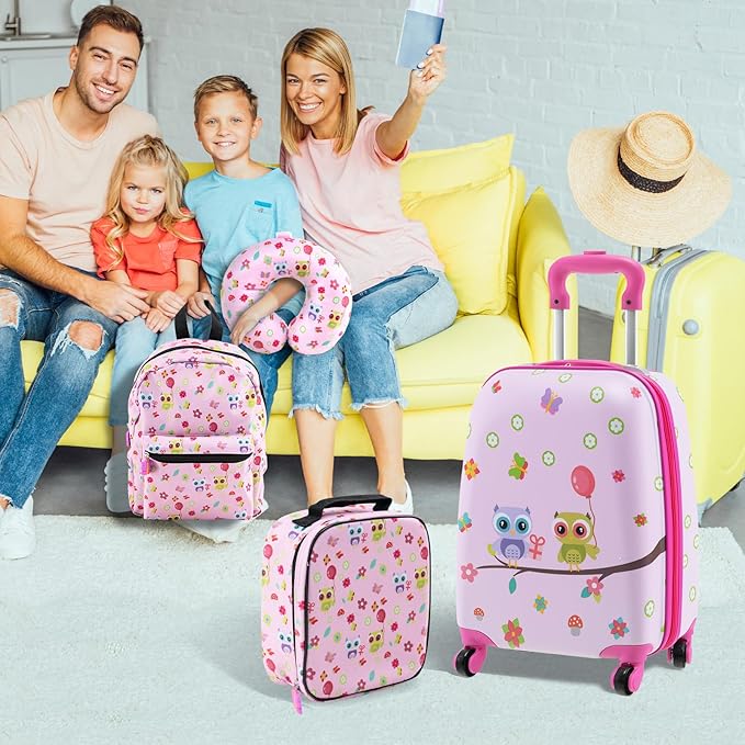 Goplus 5 Piece Kid’s Luggage Set, 16” Carry on Suitcase w/13” Backpack, Neck Pillow, Hardside Spinner Toddler Luggage, Travel Rolling Suitcase for Boys Girls Gifts (Pink, Owl)
