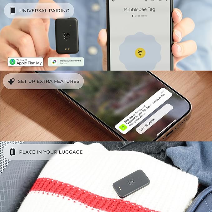 Pebblebee Tag Universal - Rechargeable Mini Item Tracker | Alternative to Air Tag & Android | 8-Month Battery Life | Works with Both Android & iOS Find My App | LED & Sound Alerts