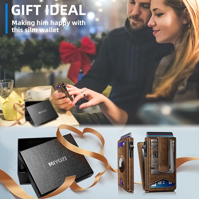 Airtag Wallet for Men,with Money Clip Gift Boxed,Slim Front Pocket Wallet RFID Blocking Metal Case Smart Pop-up Credit Card Holder in Magnetic Leather Flip