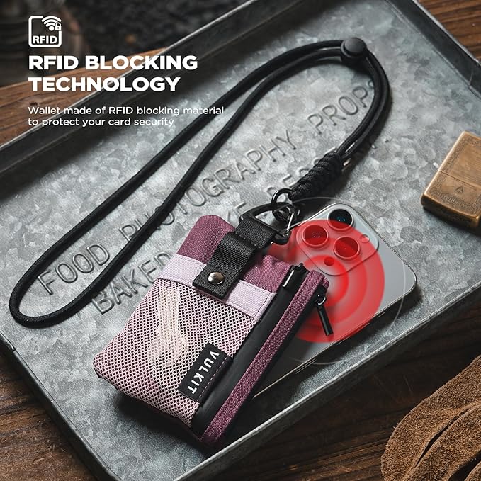 VULKIT Small RFID Wallet for Women & Men – Minimalist Zipper Wallet with ID Window, Keychain & Carabiner, Holds 15 Cards, Water Resistant Travel Lanyard Wallet Wine Pink