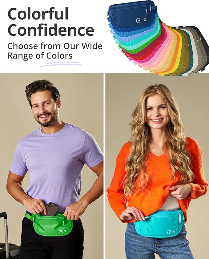 Vantamo Money Belt with RFID For Men & Women, Hidden Passport Holder for Travel, 2 Compartment Travel Fanny Pack for Women Anti Theft