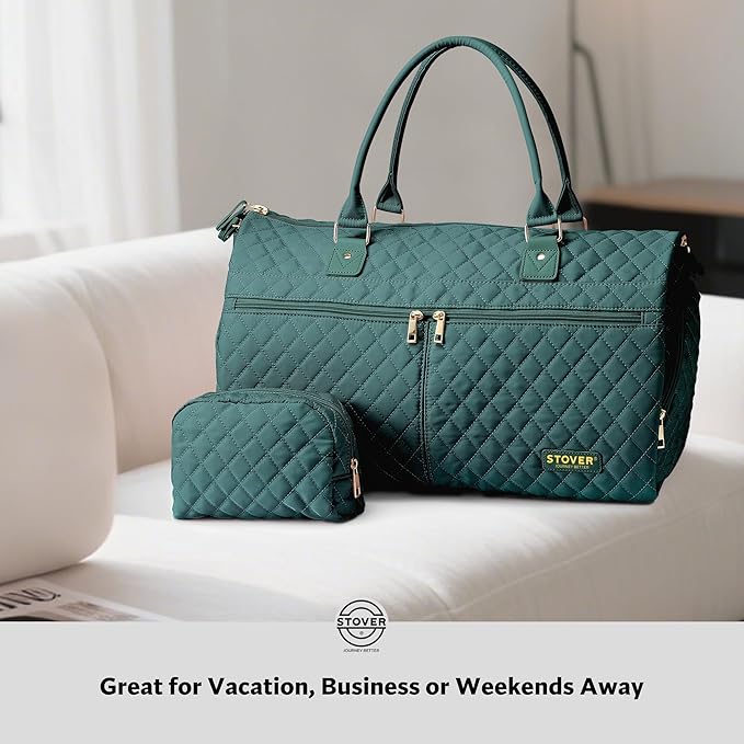 STOVER Women’s Convertible Garment Duffel Bag for Travel – 2-in-1 Carry-On Weekender/Overnight Tote - Wrinkle-Free Dresses, Suits & Clothes Plus Shoe Compartment & Bonus Toiletry Bag (Emerald Green)