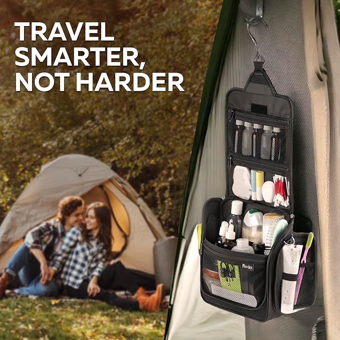 Extra Large (11.8”x11.8”x4”) Hanging Travel Toiletry Bag for Men and Women - Cosmetic Travel Bag With Shoulder Strap - Waterproof Hygiene Bag with Metal Swivel Hook and 19 Compartments for Toiletries