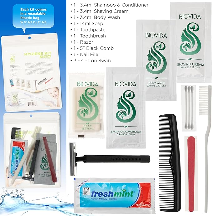 Moda West 24 Hygiene Kits - Bulk Case of Wholesale Basic Toiletry Kits for Men, Women, Travel, Charity 12 Pc Kit