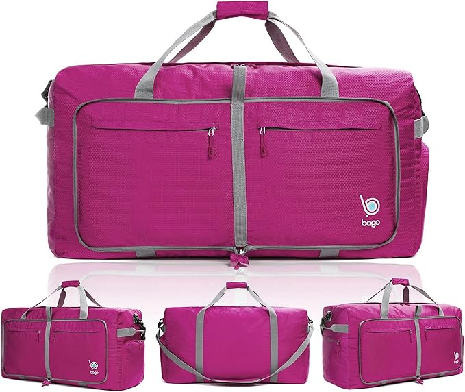 Bago Large Foldable Duffel Bags for Traveling Women & Men - 100L Packable Duffle Bag for Travel with Shoe Compartment - Water Repellant, Heavy Duty, Lightweight Folding & Collapsible (Pink)