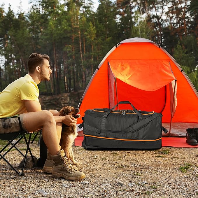 Vomgomfom 32" Soft-Sided Foldable Wheeled Travel Duffel Bag,Expandable 110L to 140L Rolling Cargo Bag with 2 Wheels and Multiple Pockets,Black-orange