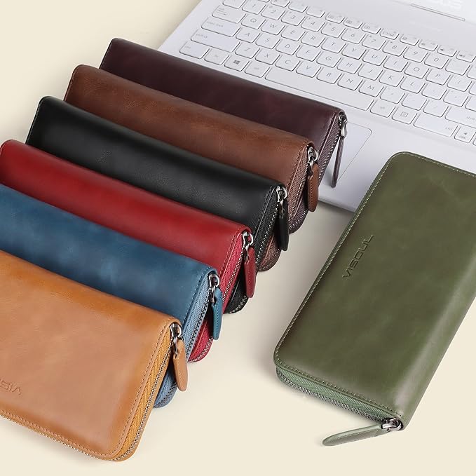 VISOUL Leather Long Zipper Pouch Wallet for Men and Women with RFID Blocking, Large Clutch Cash Long Wallet with Zipper (Black)