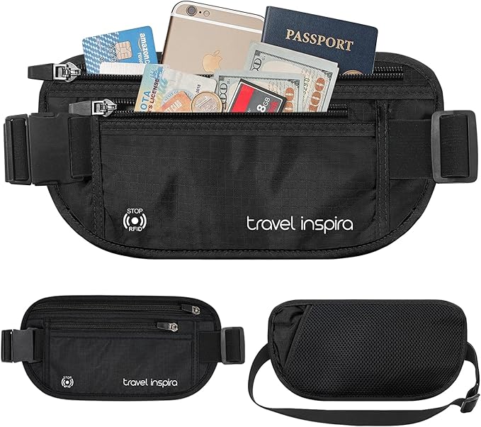 travel inspira Travel Money Belt with Anti-Theft Zipper Upgrade Larger Slim Travel Pouch with RFID Blocking Fabric to Protect Credit Cash, Passports, and Documents, Black