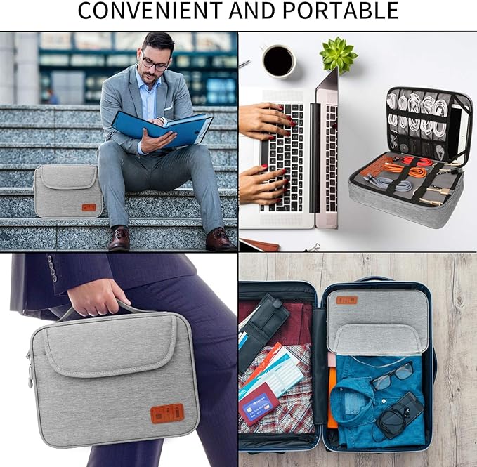 HOLIMET Cable Organiser Bag,Electronic Accessories Bag Double Layer for Travel Waterproof Cord Storage Organizer Bag for iPad, Kindle, Hard Drives, Cables, Chargers,Power Bank and More(Grey)