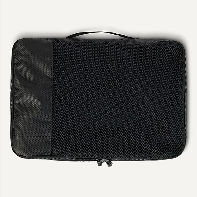 Amazon Essentials 4-Piece Packing Cubes Travel Accessories Set, Luggage Organizer with Double Zipper, Mesh Top, 100% Polyester, Medium, Black (Previously Amazon Basics)