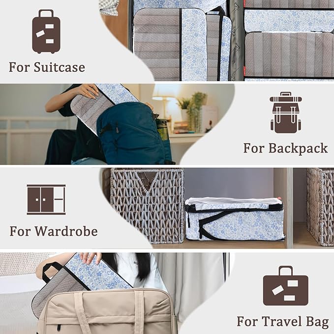 U+U 6 Set Compression Packing Cubes - Ultralight Travel Organizers with Laundry Bag, Space-Saving Suitcase Organizer for Travel, Business Trip and Family Vacation (Blue Flower)