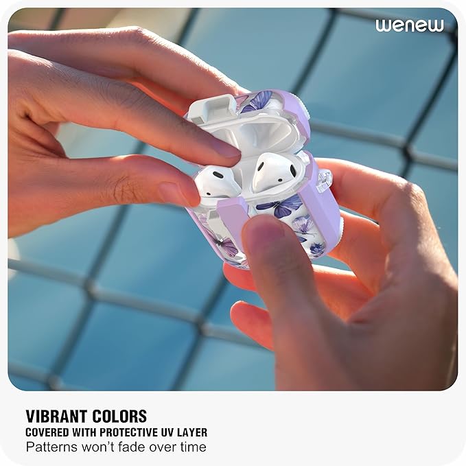 WENEW Case for AirPods 1 & 2 Case Cover Secure Lock Automatic Snap Switch Clip Cleaner Kit Lanyard Women Stylish Flower Armor Hard Shell (Butterfly, AirPods 1st & 2nd)