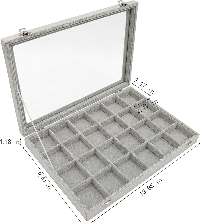 Stratalife Velvet Jewelry Organizer 24 Grid Jewelry Tray with Clear Glass Lid Display Showcase Storage Organizer Box for Earring Necklace Rings Dice Gray (24 Grids)