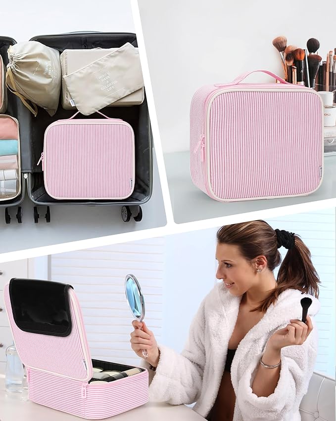 Relavel Travel Makeup Train Case, Portable Cosmetic Case Makeup Organizer, Professional Artist Storage Bag with Adjustable Dividers for Cosmetics Brushes, Birthday Gifts for Girls, Pink Stripe