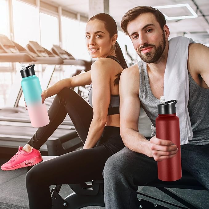 VEGOND 40 oz Insulated Water Bottle Stainless Steel Metal Water Bottles with Leak Proof Straw Lid & Spout Lid, Wide Mouth Double Walled Vacuum Travel Sports Bottle, Red