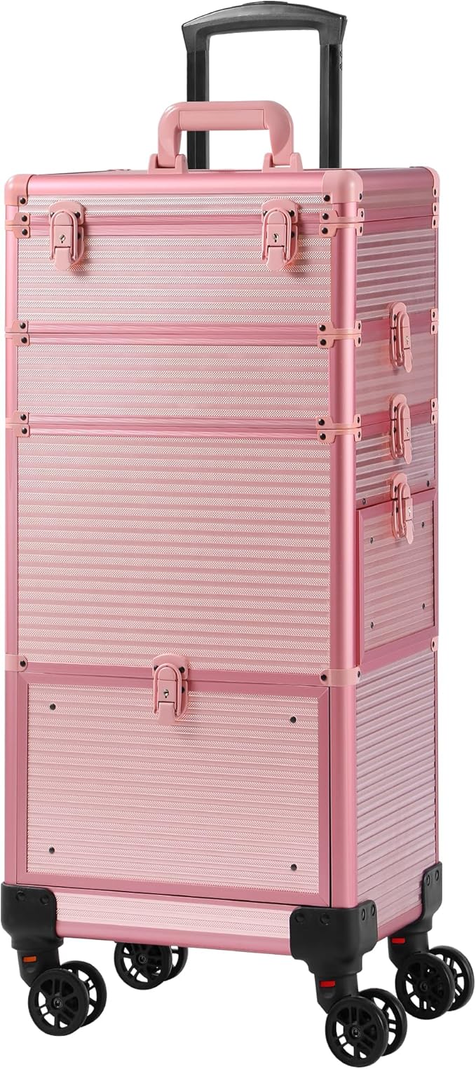 Makeup Train Case with Drawer, Rolling Makeup Case, Cosmetology Case on Wheels, Gift, Travel Makeup Organizers, Profesional Cosmetic Case for Salon Barber,Nail,Tattoo, Pink