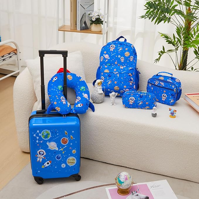 Redbaker 6 Pcs Kids Luggage Set 17 Inch Kids Rolling Luggage Double Pattern Suitcase for Girls Boys School Gift(Light Blue,Astronauts)