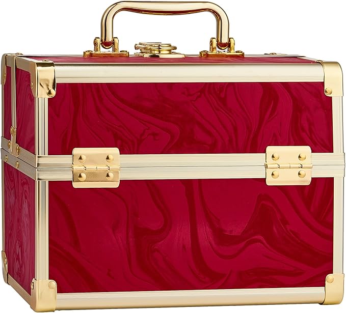 Makeup Train Case, Portable Makeup Case with Mirror, 2-Trays Cosmetic Organizer Case,Nail Polish Organizer, Travel Makeup Box, Profesional for Salon Barber, Pattern Red