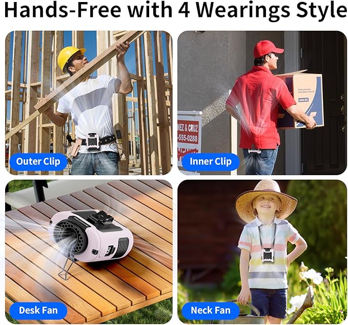 Socool 10000mAh Portable Waist Fan Clip on Wearable Belt Personal Fan Rechargeable Battery operated With 5 Speeds & Flashlight Neck Hands-Free 40H Cooling For Outdoor Camping Travel (Pink)