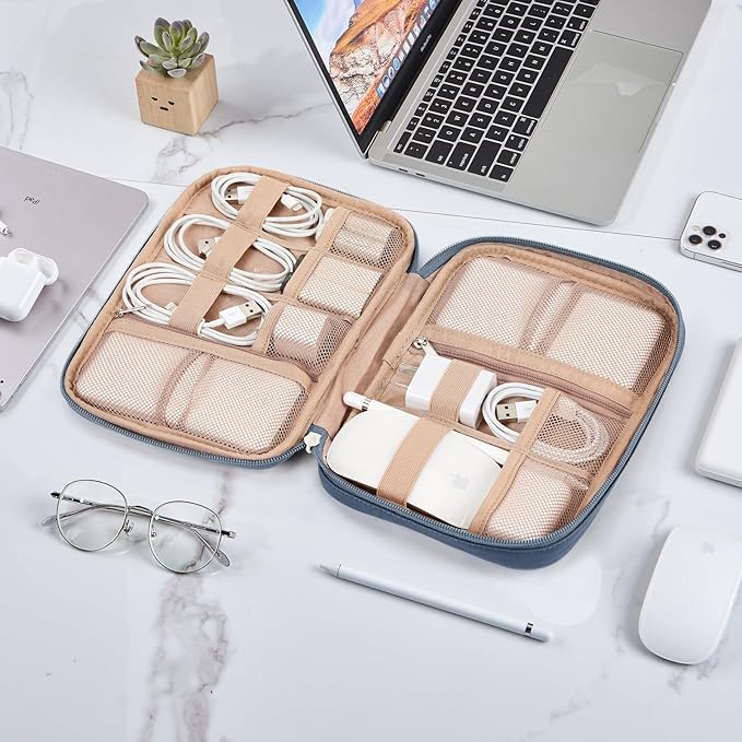 NISHEL Travel Cord Organizer Case, Tech Electronic Bag, Essentials for Charger, Cable, Phone, Hard Drive, USB, SD Card, Aegean-Blue