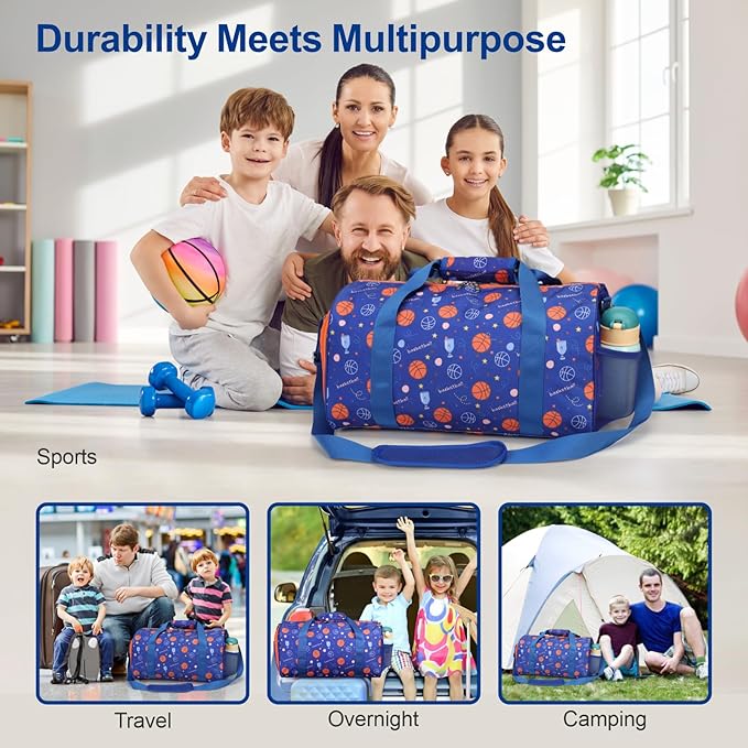 Bagseri Travel Duffle Bag Boys - Waterproof Kids Gym Sports Bag for Overnight Sleepover Bag with Shoe Compartment and Dry Wet Separation Pockets (Blue Basketball)