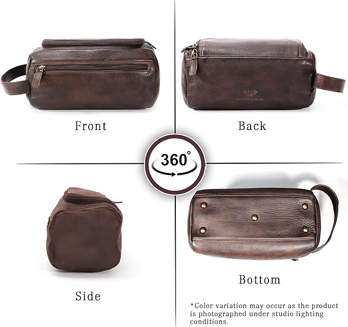 LUXEORIA Genuine Leather Toiletry Bags for Men and Women, Handmade Premium Leather Dopp Kit and Shaving Bag, Cosmetic Bag for Womens and Mens, Travel Essentials & Organizers