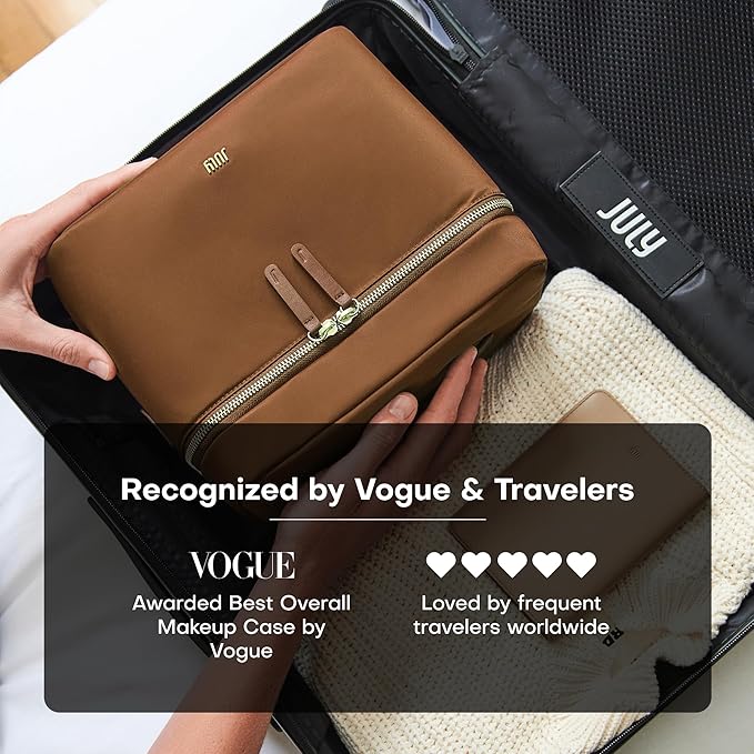 Vanity Cosmetic Case - Stylish Travel Makeup Bag for Women with Removable Wet Pouch, Upright Bottle Design, Clear Top Pocket, Leather Handle, Travel Essentials, Toiletry Organizer - Light Brown