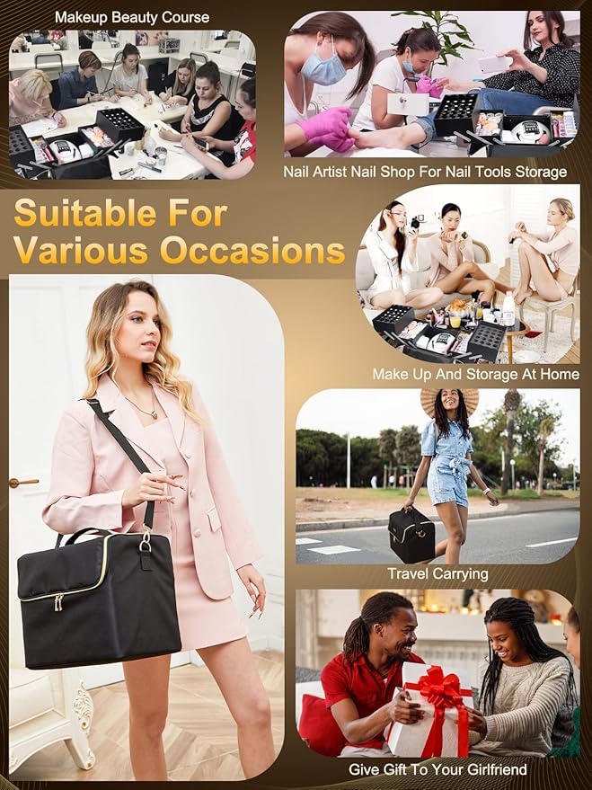 Deciniee Large Makeup Travel Train Case, Upgraded Plus Size Nail Supply Organizers and Storage for Nail Tech, Black 4 Tier Cosmetic Train Case Makeup Box, Nail Polish Makeup Organizer and Storage Bag