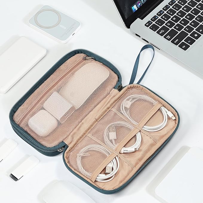 NISHEL Travel Cord Organizer Case, Double Layers Tech Electronic Bag, Essentials for Charger, Cable, Phone, Flash drive, Medium, Lake-Blue