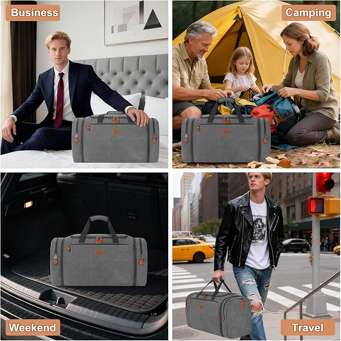Canvas Mens Duffle Bag for Travel - Expandable 50L Weekender Bags with Toiletry Bag, Overnight Bag Travel Duffel Carry On Luggage with Removable Shoulder Strap, Durable & Water-Resistant