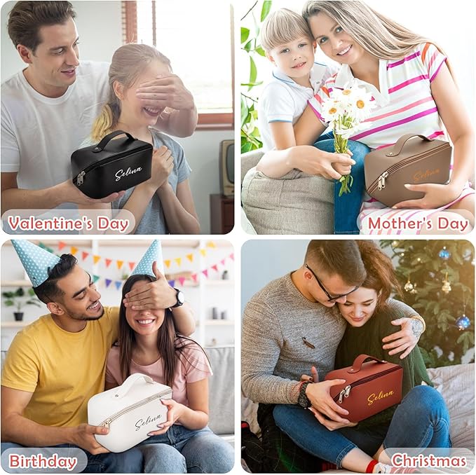 Personalized Travel Makeup Bag, Customized Large Capacity Cosmetic Bag with Printed Name Initials, PU Leather Toiletry Bag for Women, Wide Open Portable Pouch with Divider and Handle, Mothers Day Gift