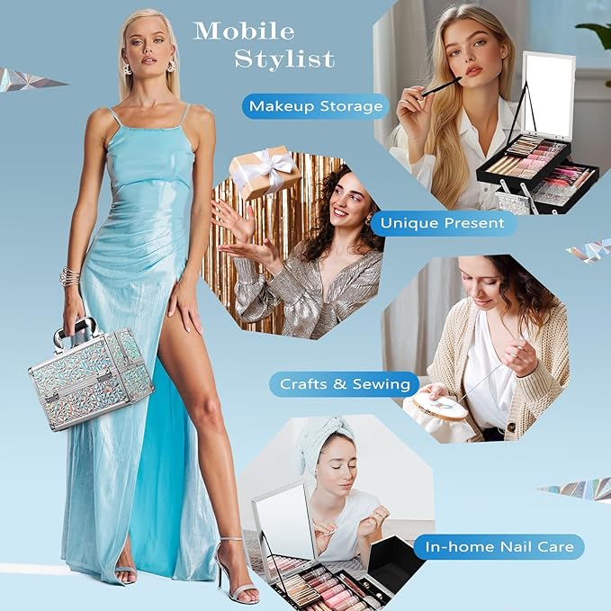 Joligrace Makeup Train Case Makeup Case Organizer Portable Cosmetic Box Storage with 2 Trays Mirror Locking with Keys Make Up Travel Case Nail Kits Traveling Makeup Box Shiny Silver