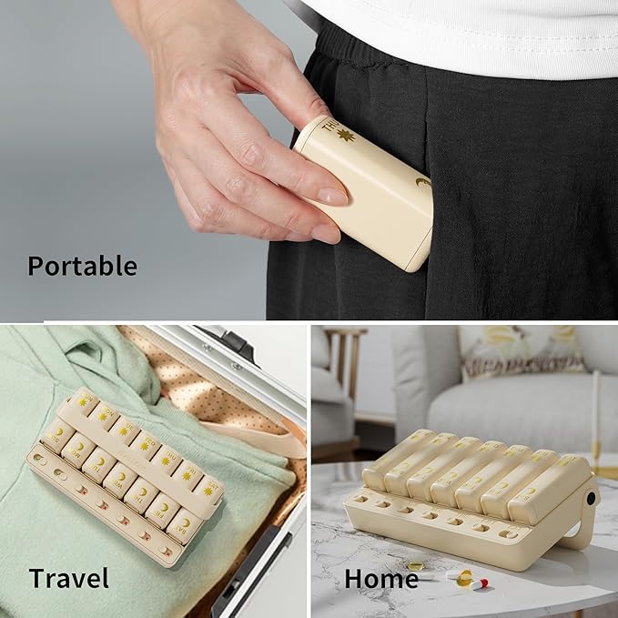 Restree Weekly Pill Organizer Two Time a Day, 7 Day Travel Pill Box, Daily Medicine Organizer, AM&PM Portable Pill Case for Vitamins Fish Oil/Supplements Medication Reminder Design (Beige)