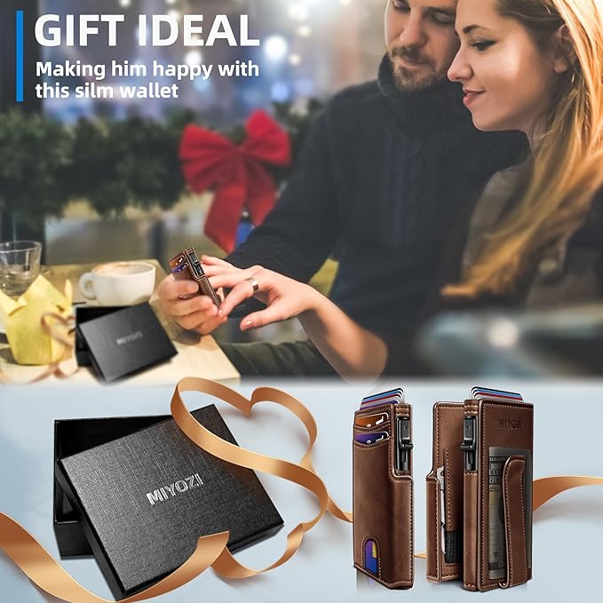 Wallet for Men with Money Clip Coins Pocket ID Window Gift Boxed,Slim Smart Front Pocket RFID Blocking Wallet Pop-up Card Holder in Magnetic Leather Flip 3.9"x 2.7"