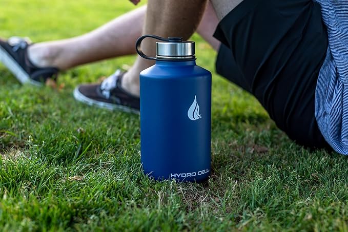 HYDRO CELL Stainless Steel Insulated Water Bottle with Straw - For Cold & Hot Drinks - Metal Vacuum Flask with Screw Cap and Modern Leakproof Sport Thermos for Adults (Navy 64oz)