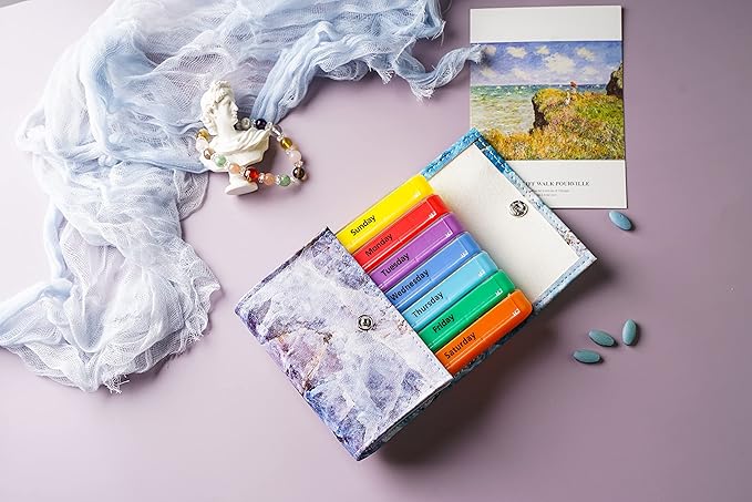 Pill Organizer,LIZIMANDU Weekly Travel Pill Case Box Medication Reminder Daily AM PM, Day Night 7 Compartments,for 4 Times A Day, 7 Days a Week-Includes Leather PU Carrying Case (Crystal)