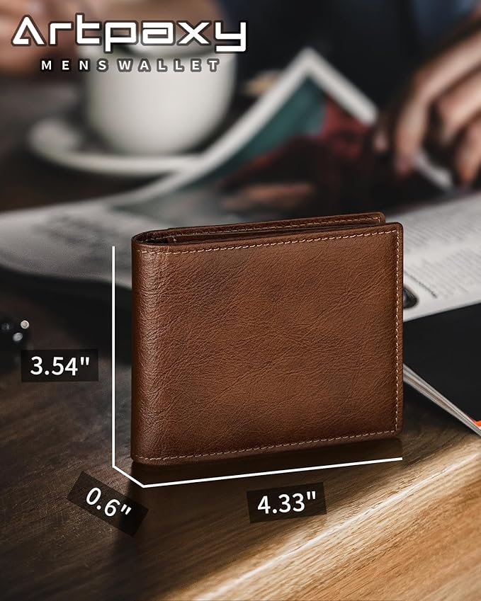Mens Wallet Genuine Leather Bifold RFID Blocking Wallet for Men with 1 ID Window 13 Card Holders 2 cash pockets 1 Gift Box