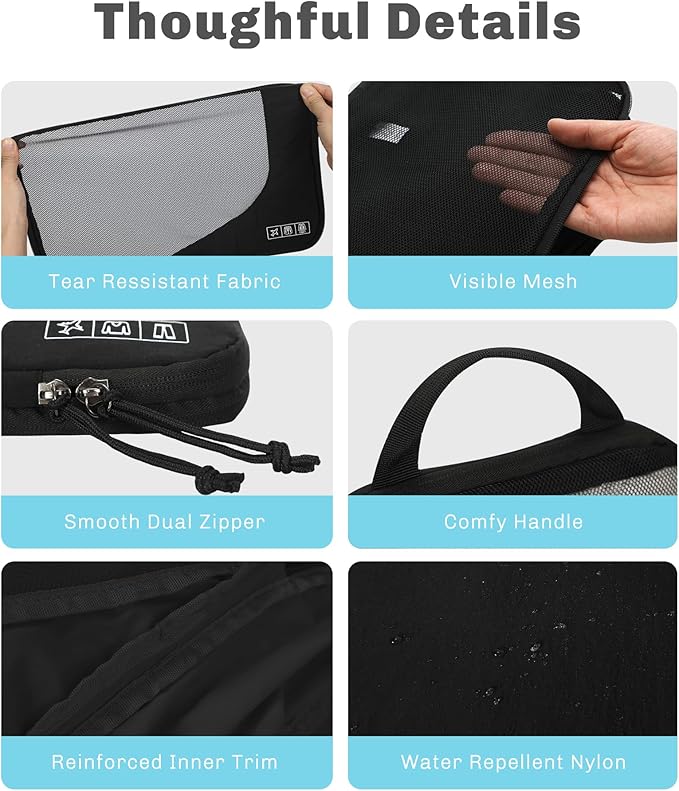 Hynes Eagle 6 Set/ 4 Set/ 2 Set Compression Packing Cubes Travel Essentials Lightweight Nylon Luggage Suitcase Organizer Bag Black 2PCS