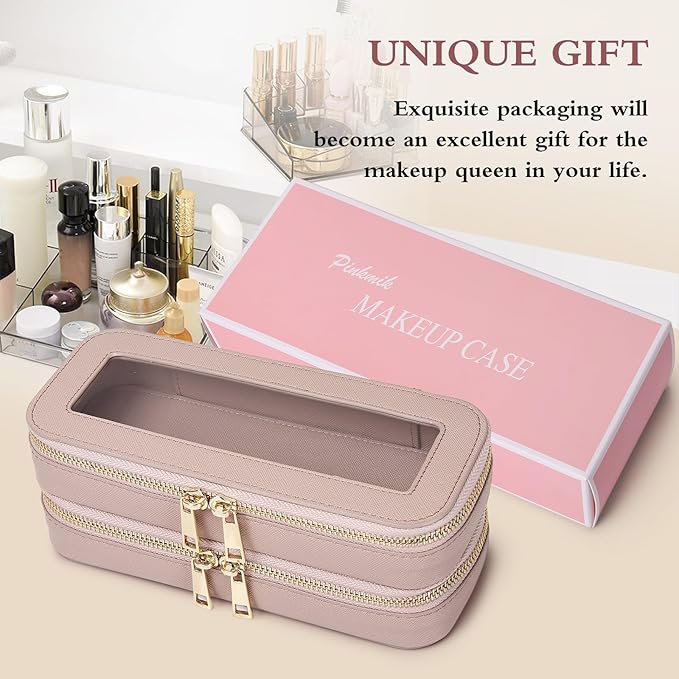 Pinkmik Double Layer Makeup Bag Makeup Brush Case Waterproof Travel Cosmetic & Toiletry Bag Purse Organizer and Car Essentials for Women (Pink, Double SLIM)