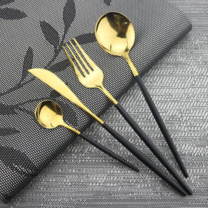 JASHII Black GoldSilverware Set, 20-Piece Stainless Steel Flatware With Satin Finish, Kitchen Utensils, Mirror Polished Tableware Cutlery for Home and Restaurant, Dishwasher Safe