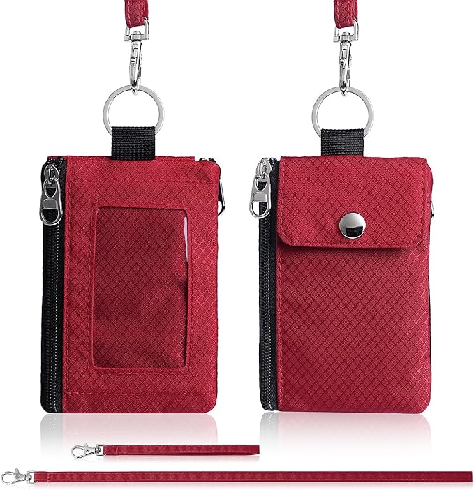 Minimalist Wallet For Mens Womens, Keychain RFID Blocking Zipper Small Wallet with ID Window 2 Lanyards,Water Resistant Travel Cash Card Coin Case Boys Girls