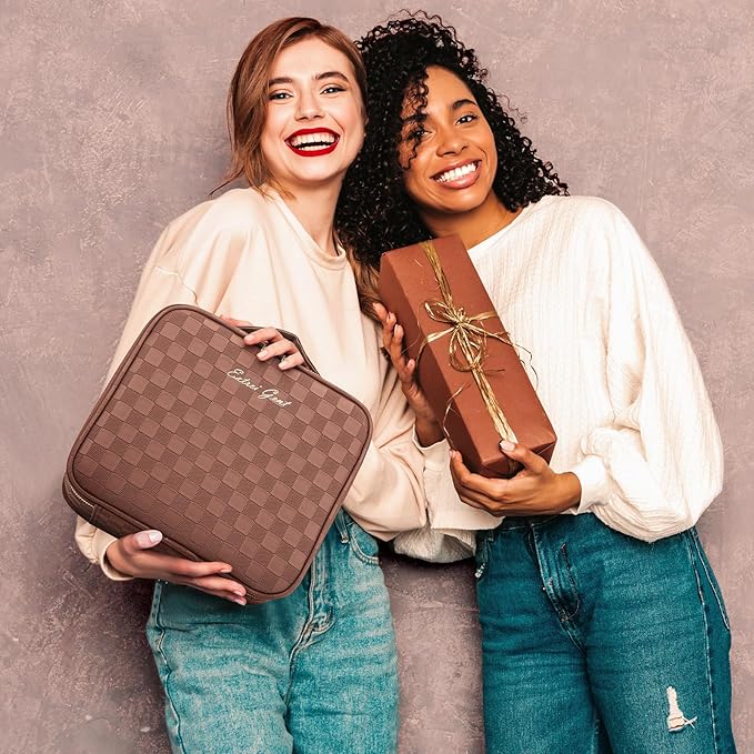 Makeup Travel Train Case with Mirror LED Light 3 Adjustable Brightness Large Cosmetic Bag Portable Storage Adjustable Partition Waterproof Makeup Brushes Make up Jewelry Gift for Women